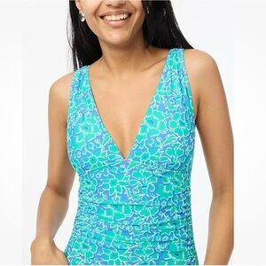 J. Crew Blue and Green One Piece Swimsuit with Plunging V-Neck Large NWOT